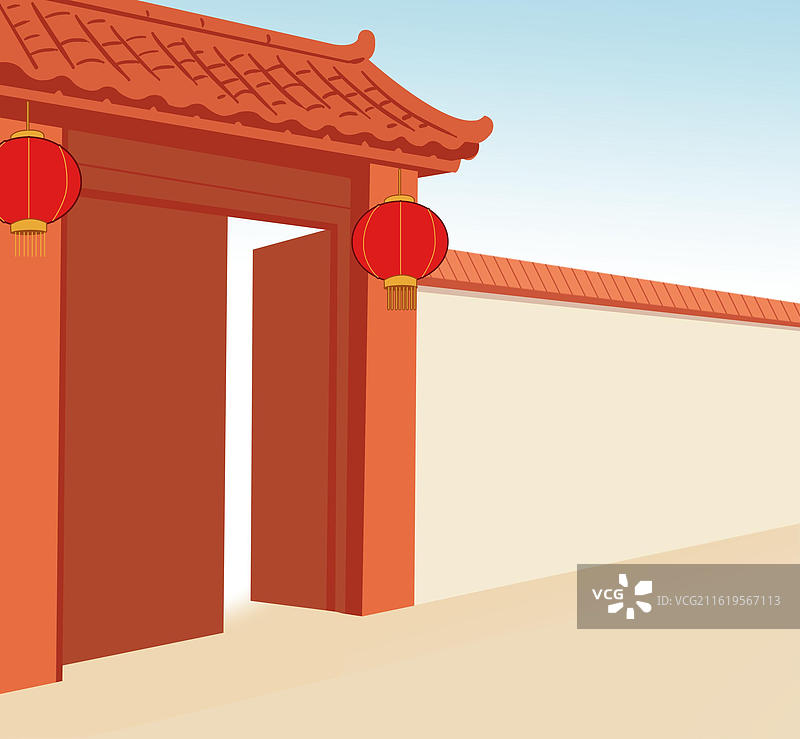 乡村乡下农村家园家乡老家家里大门宅子门口灯笼家庭场景插画图片素材