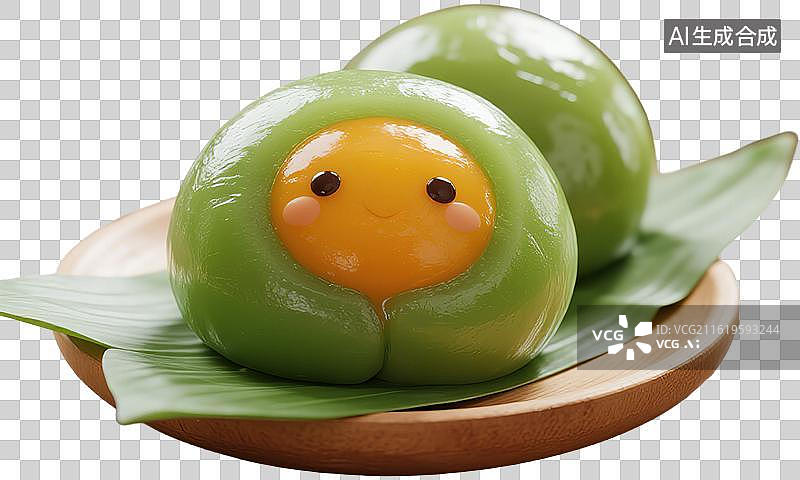 【AI数字艺术】咸蛋黄馅青团清明节气中国传统美食小吃美味食品 可爱卡通拟人表情包微笑腮红 3D三维渲染建模模型风格图片素材