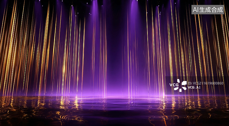 【AI数字艺术】紫色与金色光束交织的梦幻舞台背景图片素材