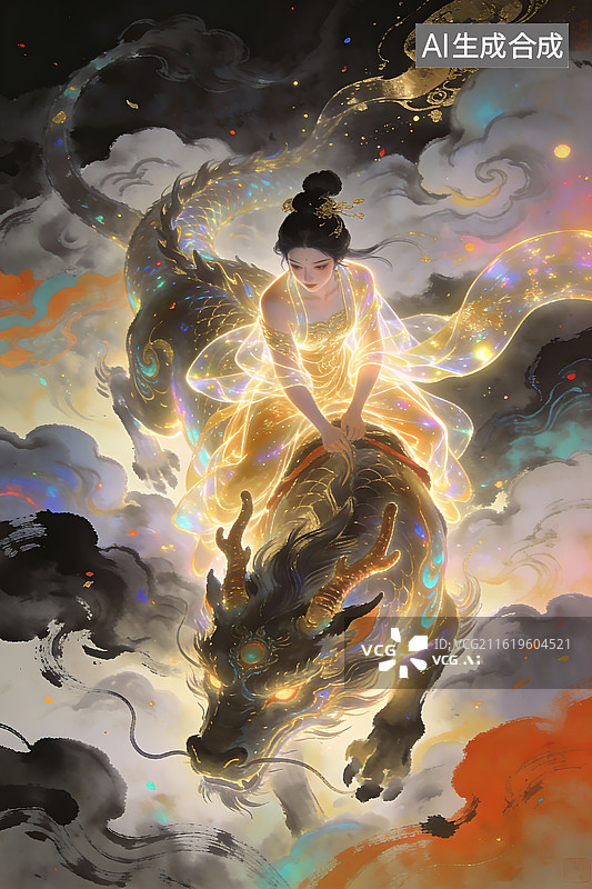 【AI数字艺术】仙女骑龙腾云驾雾图片素材