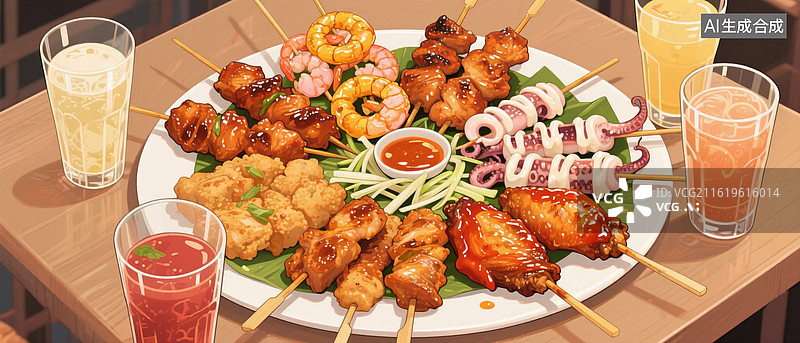 【AI数字艺术】烧烤面包三明治奶茶饮料美味食品卡通插画图片素材