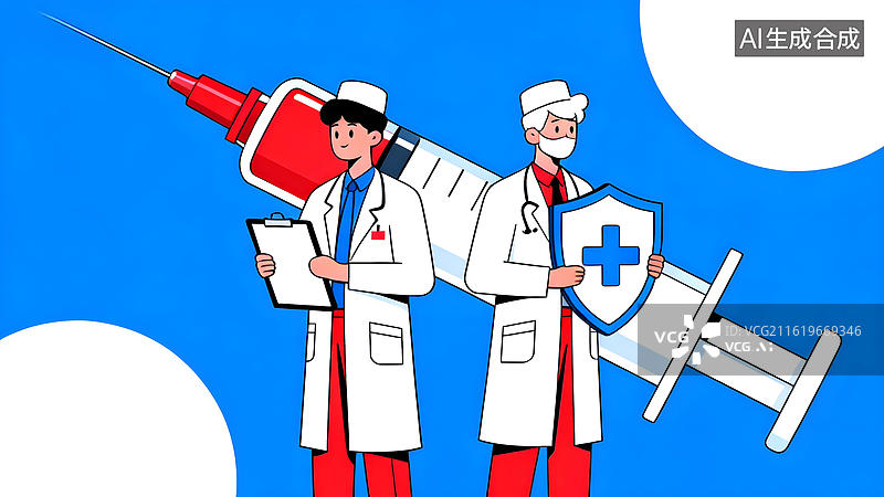 【AI数字艺术】医生持疫苗针与防护盾图片素材