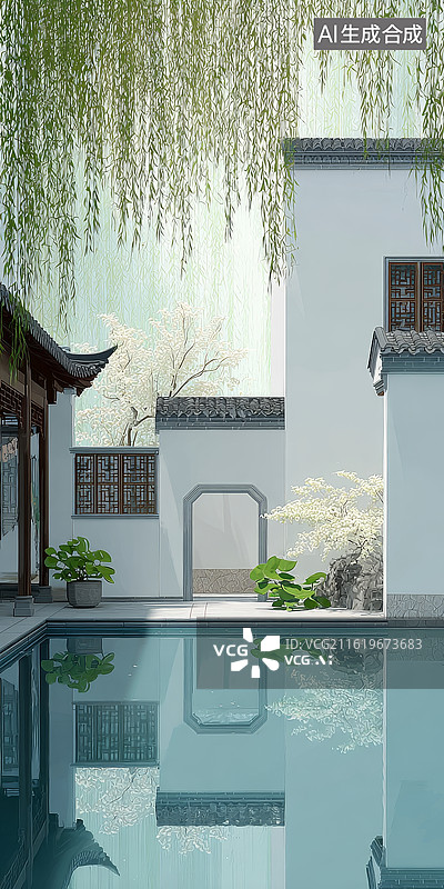 【AI数字艺术】古典园林庭院水池倒影与垂柳环绕的静谧景象图片素材