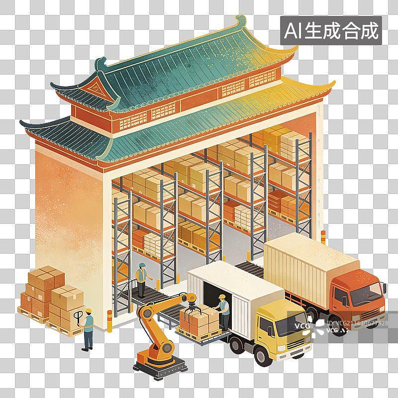 【AI数字艺术】仓库与货运卡车插画图片素材