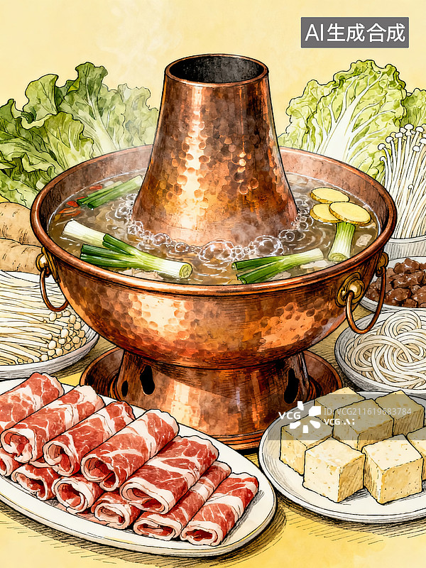 【AI数字艺术】铜锅涮肉美食插画图片素材