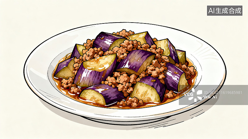 【AI数字艺术】盘中茄子肉末菜肴插画图片素材