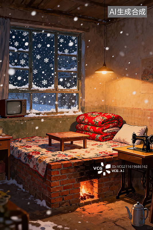【AI数字艺术】冬夜暖炕室内场景图片素材