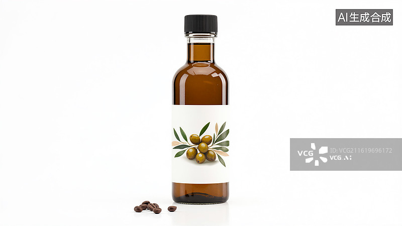 【AI数字艺术】带橄榄图案标签的棕色油瓶图片素材