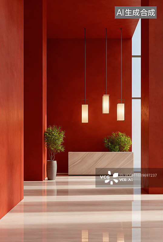 【AI数字艺术】红色墙面的现代室内空间图片素材