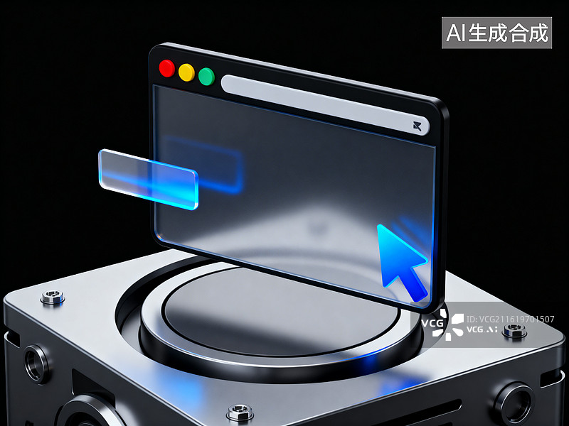 【AI数字艺术】金属设备上悬浮的浏览器窗口与光标交互图片素材