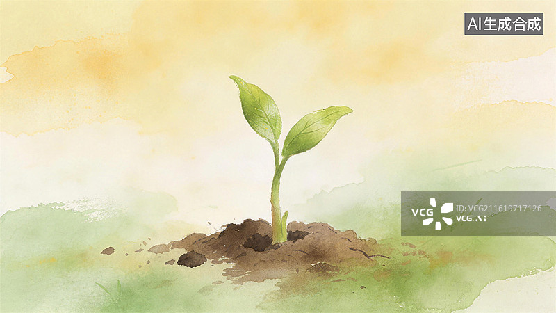【AI数字艺术】立春节气，水彩画中一株嫩绿幼苗从泥土中生长，背景柔和的绿色和黄色渐变，用于环保农业宣传图片素材