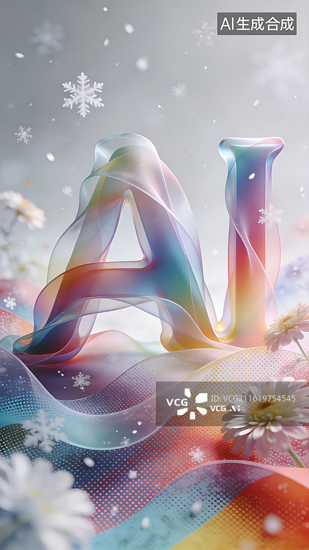 【AI数字艺术】彩虹色字母A与雪花花朵图片素材