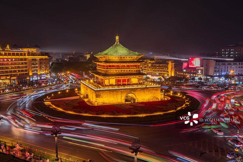 陕西省西安市地标性建筑钟楼夜景风光图片素材