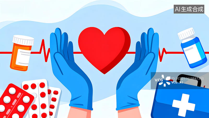 【AI数字艺术】双手托举红心与医疗用品图片素材