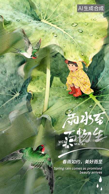 【AI数字艺术】雨水节气清新海报 春天夏季绿植燕子春雨插画AIGC 二十四节气商业宣传海报设计模版竖图素材图片素材