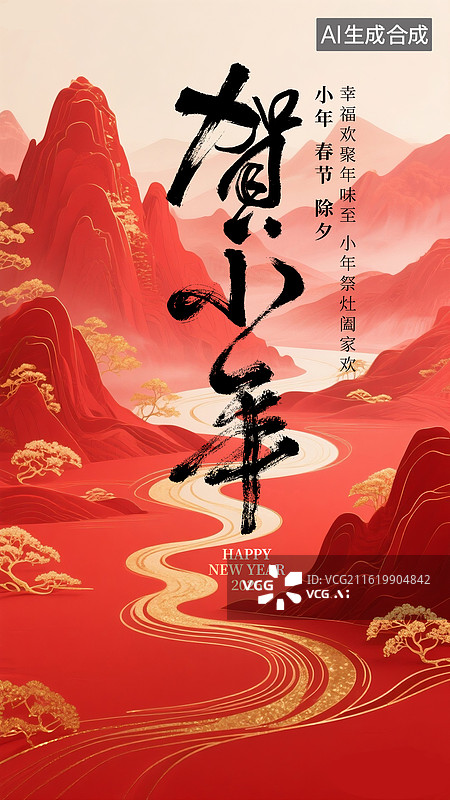 【AI数字艺术】2026年马年中国新年祝福贺卡年画 贺小年海报 中国红色背景 国风金箔山水插画 竖版图片素材