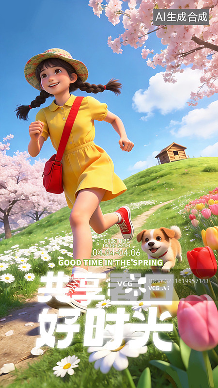 【AI数字艺术】春天春游插画海报，春天小女孩带着宠物小狗在公园里游玩踏青，3D人物和草地户外场景图片素材