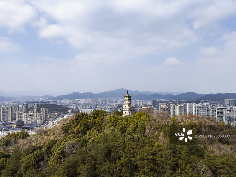 杭州临安吴越国时期历史建筑遗存——功臣塔航拍图片素材