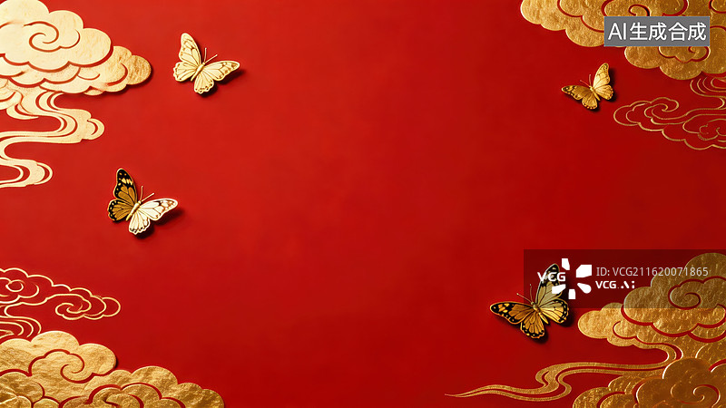 【AI数字艺术】红色背景上的金色云纹与蝴蝶图片素材