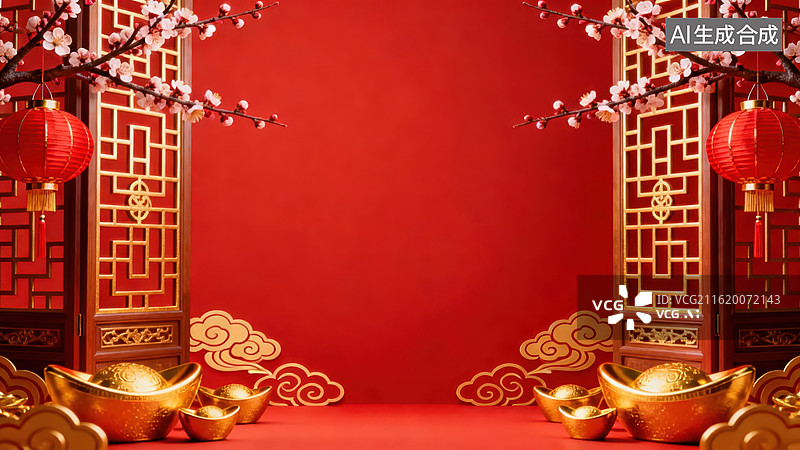 【AI数字艺术】红色背景下的中式春节装饰图片素材