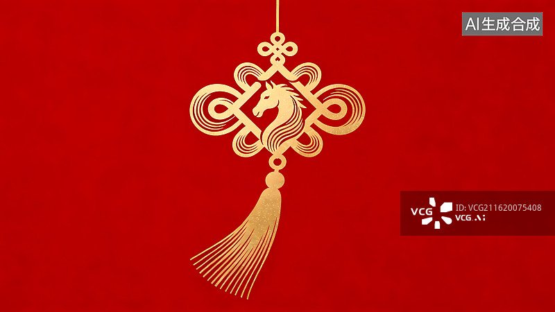 【AI数字艺术】红色背景上的金色马年中国结图片素材