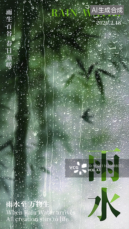 【AI数字艺术】雨水节气毛玻璃竹林飞鸟意境图海报图片素材