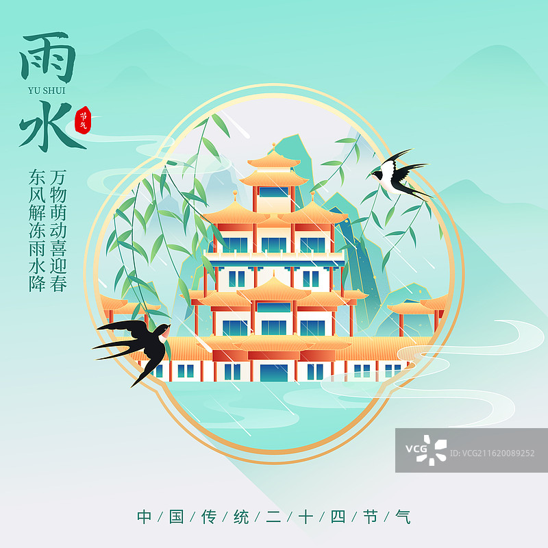 国风节气雨水拉萨城市建筑矢量插画海报图片素材