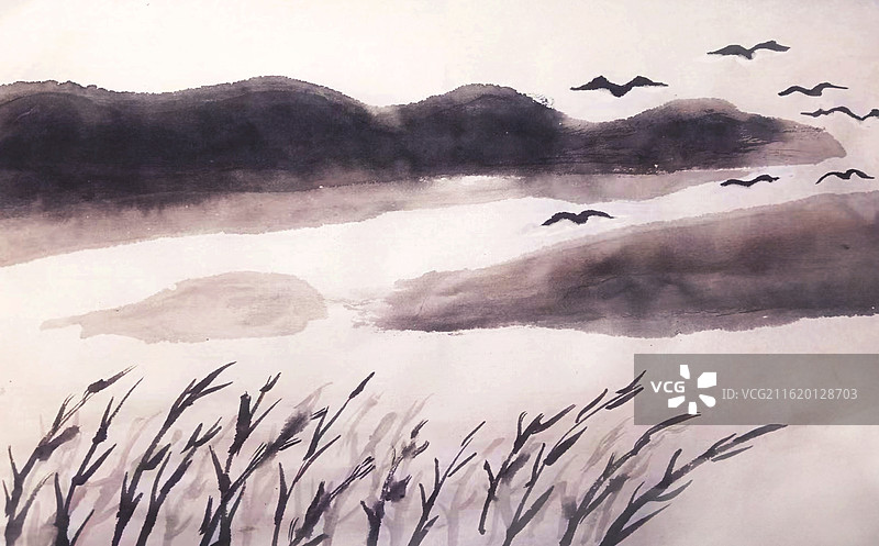 仿齐白石山水画芦苇滩涂惊飞白鹭图片素材