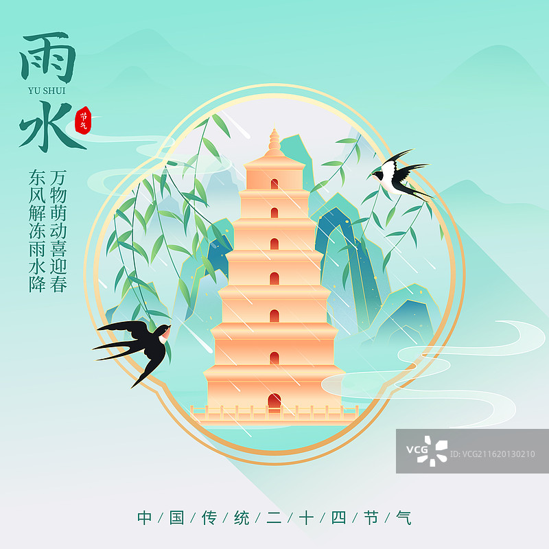 国风节气雨水西安城市建筑矢量插画海报图片素材
