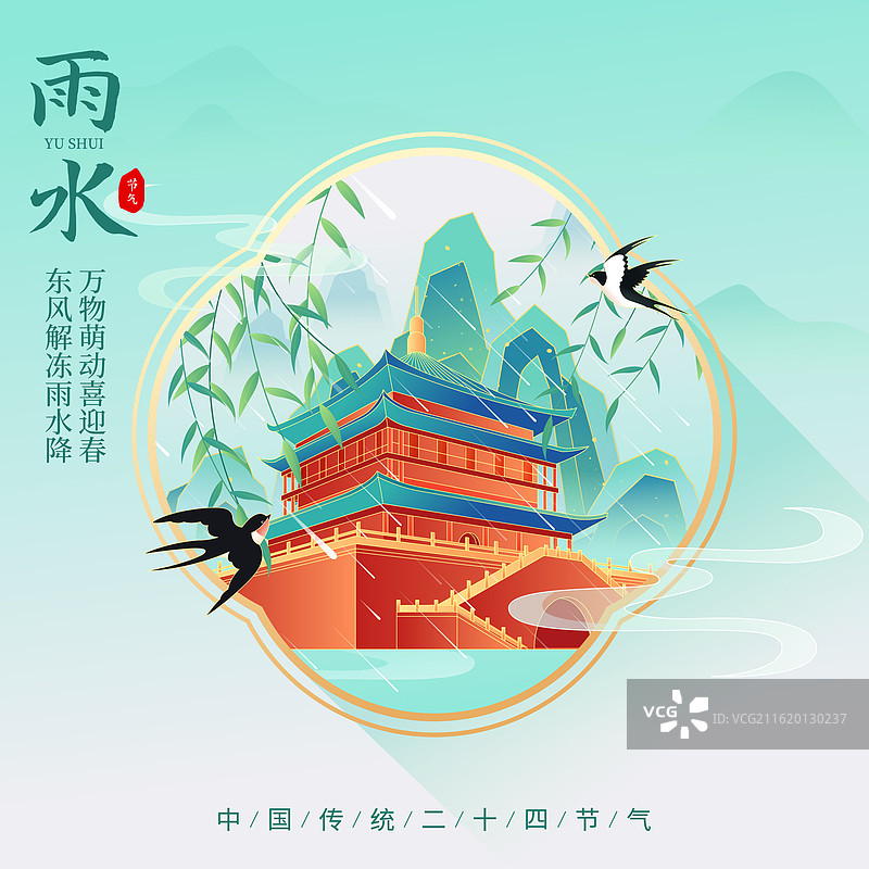 国风节气雨水西安城市建筑矢量插画海报图片素材