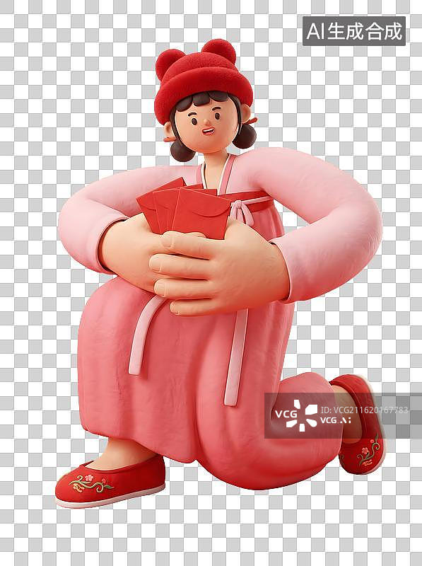 【AI数字艺术】穿粉色传统服饰女孩跪坐捧红包图片素材
