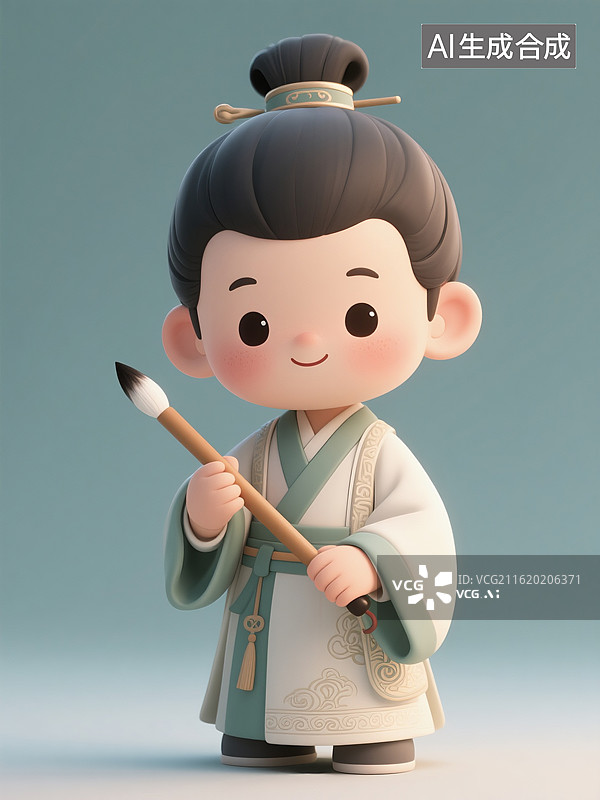 【AI数字艺术】3D渲染中国风卡通人物，状元，古代人拿着毛笔，高考加油，金榜题名，考试上岸图片素材