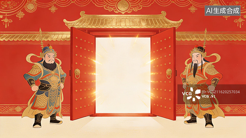 【AI数字艺术】传统门神守卫红色大门图片素材