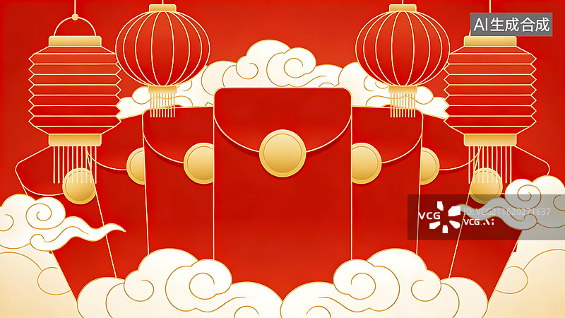 【AI数字艺术】春节红包灯笼祥云插画图片素材