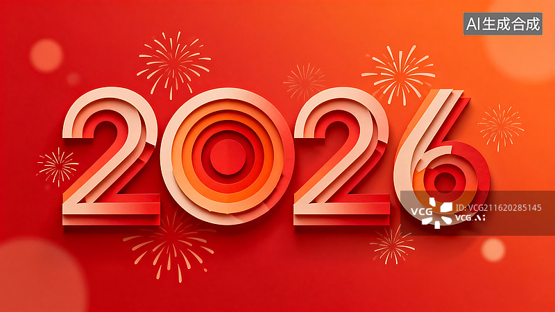 【AI数字艺术】2026 红橙剪纸数字背景：烟花装饰新年素材 跨年促销 年会 营销活动图片素材