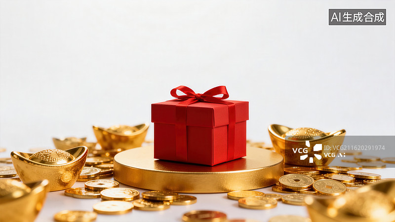 【AI数字艺术】红色礼盒与金色元宝金币图片素材