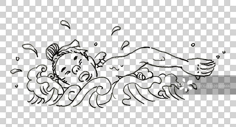 游泳的古代人物钢笔画元素图片素材