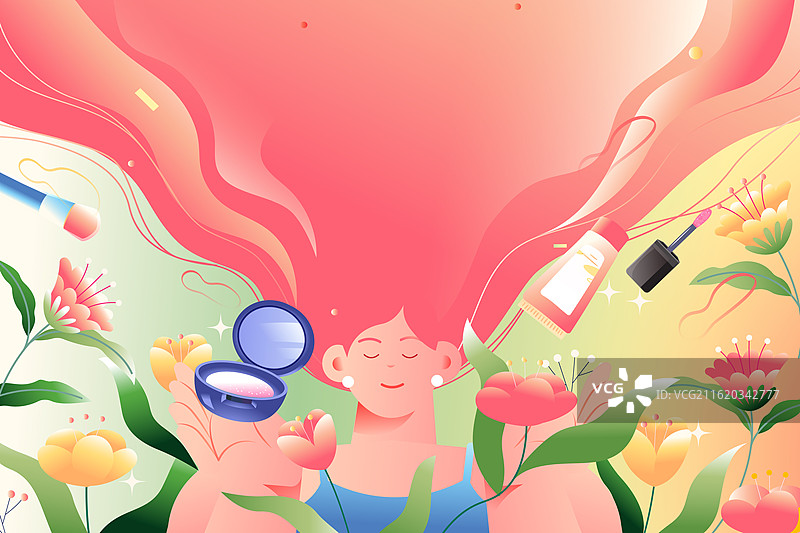 卡通妇女节女孩女生节闺蜜姐妹彩妆网购购物电商消费优惠娱乐休闲活动生活聚餐旅游花卉背景渐变矢量插画图片素材
