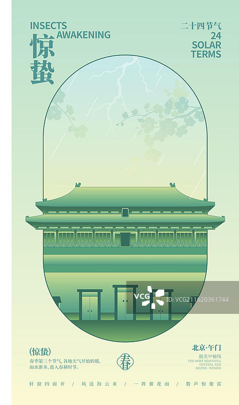 国潮新中式风格中轴线建筑午门矢量插画惊蛰商业海报图片素材