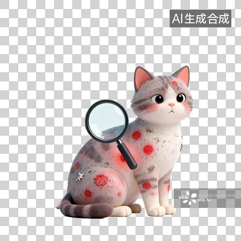 【AI数字艺术】带放大镜检查皮肤问题的卡通猫咪图片素材