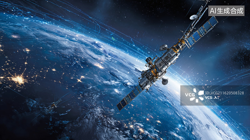 【AI数字艺术】运行在地球轨道上俯瞰城市灯火的先进通信卫星图片素材