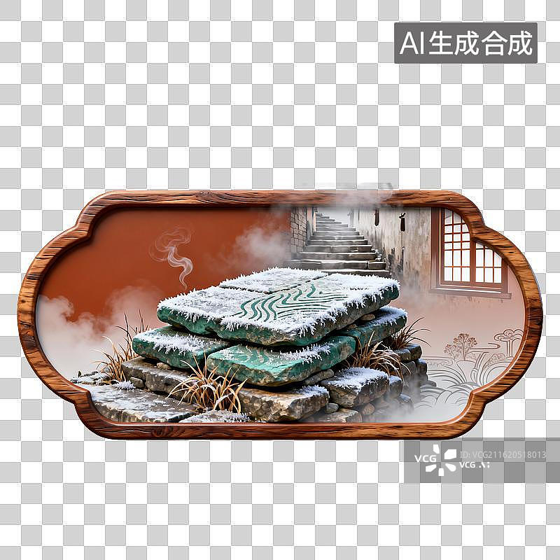 【AI数字艺术】中式窗景中的石堆雪景图片素材