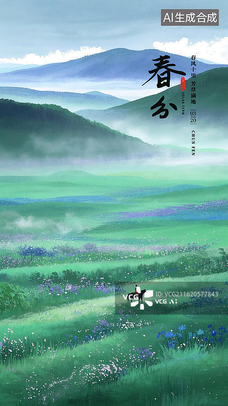 【AI数字艺术】春分节气草原跑马海报图片素材
