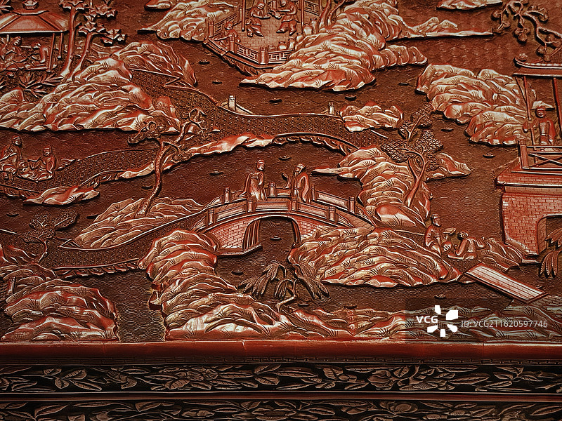 上海博物馆（东馆）展览·东京国立博物馆收藏·明代·剔红兰亭曲水流觞图长方盒图片素材