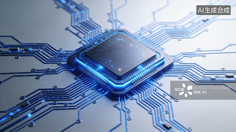 【AI数字艺术】发光芯片与电路板连接图片素材