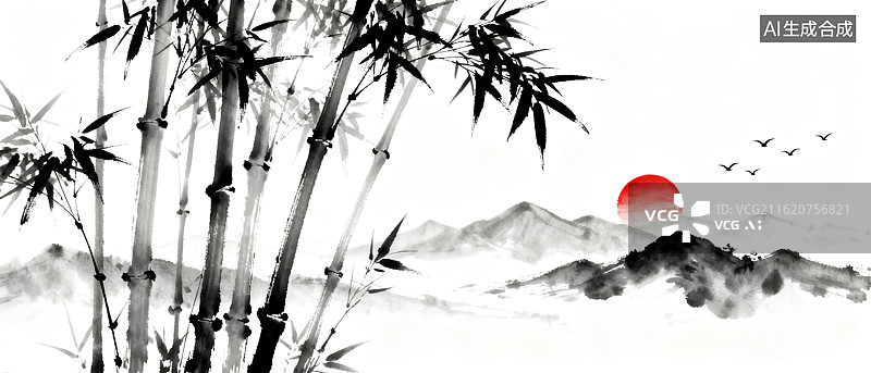 【AI数字艺术】中国水墨画竹石红日图片素材