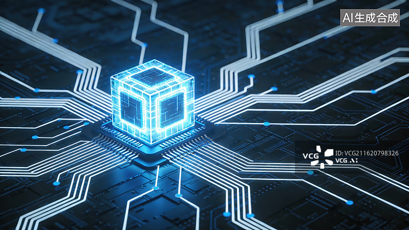 【AI数字艺术】发光立方体电路连接图片素材