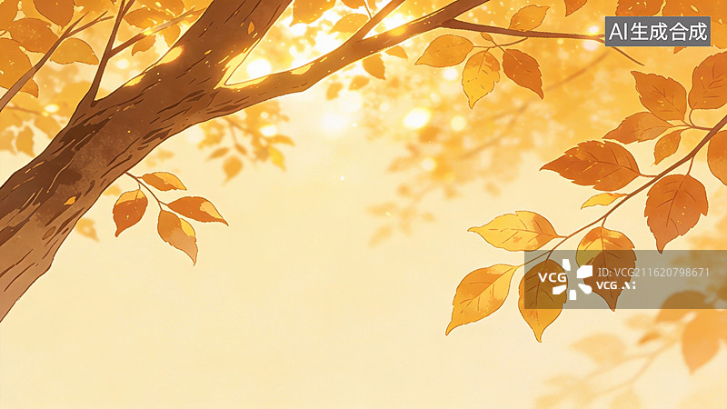 【AI数字艺术】秋日树梢阳光透过树叶图片素材