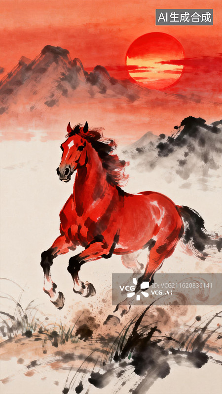 【AI数字艺术】红马奔腾于夕阳山川图片素材