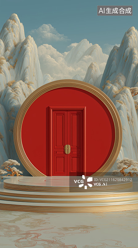 【AI数字艺术】红色背景下的传统建筑图片素材